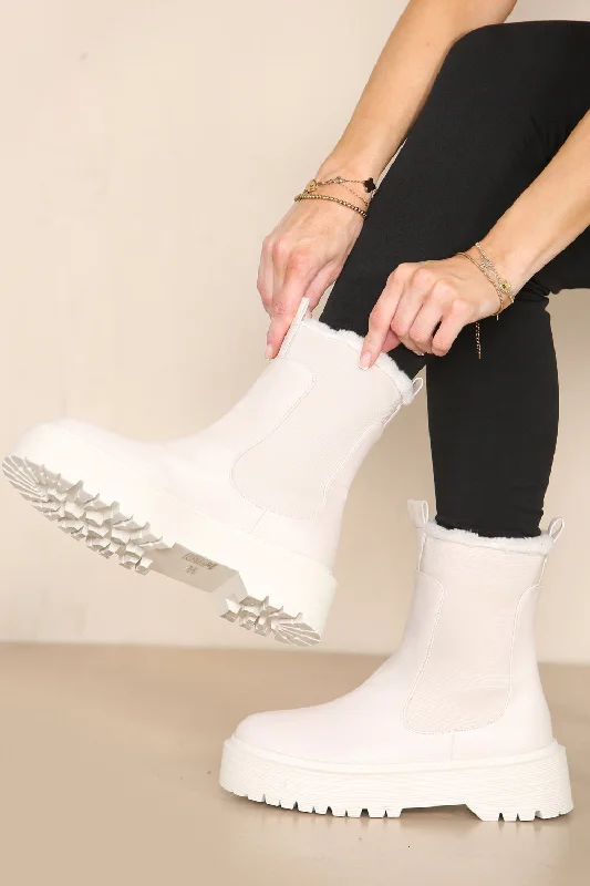 Independent design CREAM PU FAUX FUR TRIM ELASTICATED ANKLE DETAIL CHUNKY ANKLE BOOTS