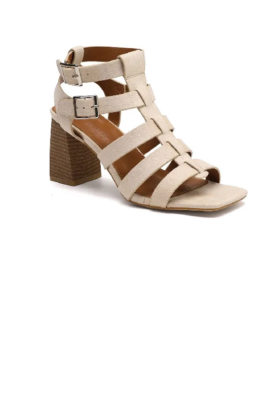 Low-key Luxury BEIGE BLOCK HEEL CAGE LOOK STRAPPY BUCKLE DETAIL HEEL SANDALS