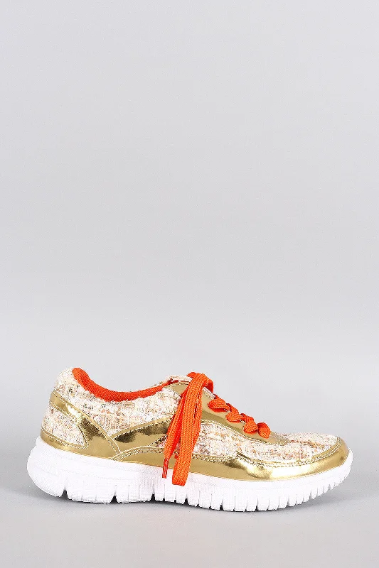 Sports Vitality Style Metallic Tweed Neon Lace Up Sneaker