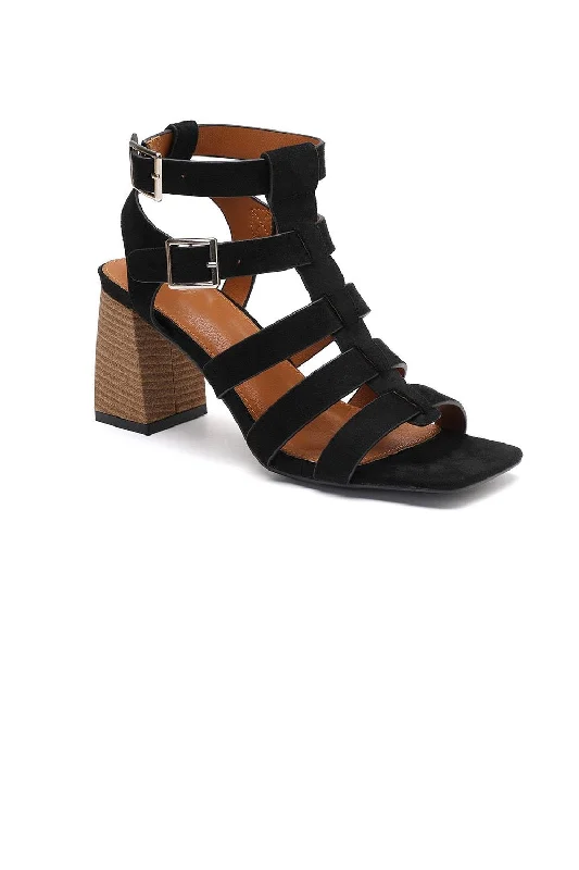 Customized Version BLACK BLOCK HEEL CAGE LOOK STRAPPY BUCKLE DETAIL HEEL SANDALS