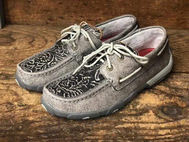 Denim Design Twisted X Women's Grey Tooled Boat Shoe Driving Mocs WDM0130