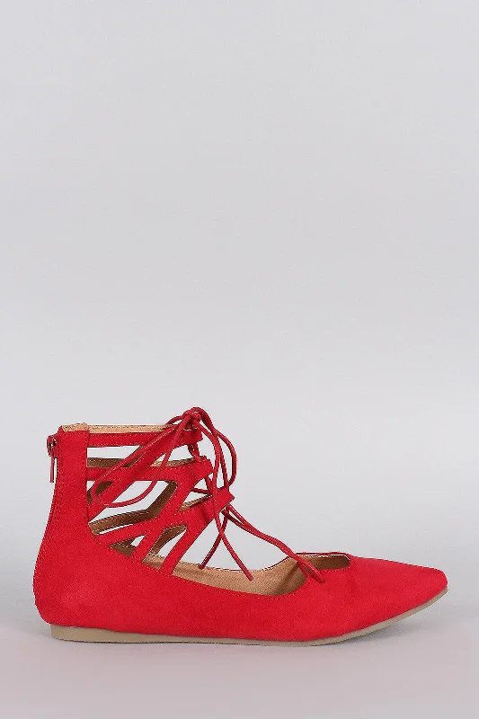 Street Style Liliana Suede Caged Cuff Lace Up Pointy Toe Ballet Flat