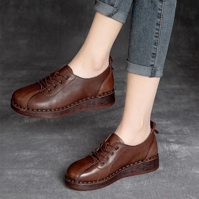 Casual And Versatile Women Retro Leather Soft Wedge Casual Work Shoes