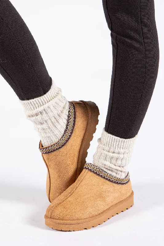 Elegant Tailoring CHESTNUT FAUX SUEDE EMBROIDED AZTEC DETAIL  COZY FLUFFY SLIPPERS BOOTS BOOTIES
