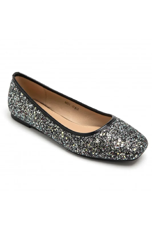 Loose Fit BLACK GLITTER DETAIL BALLET FLATS SLIP ON BALLERINA SHOES