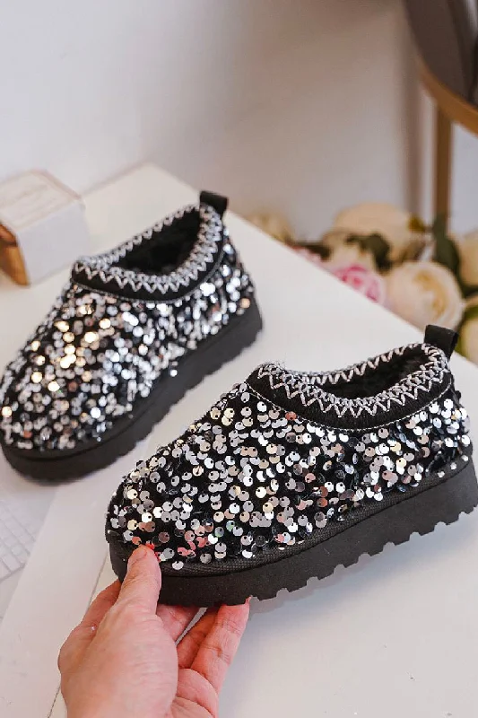 Classic Style KIDS SEQUIN DETAIL FAUX FUR LINING SLIPPERS IN SILVER 25-30 SIZES
