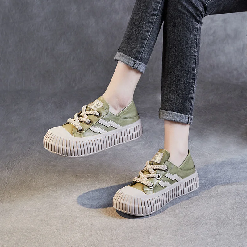 Loose Fit Women Soft Leather Thick Soled Flat Casual Shoes