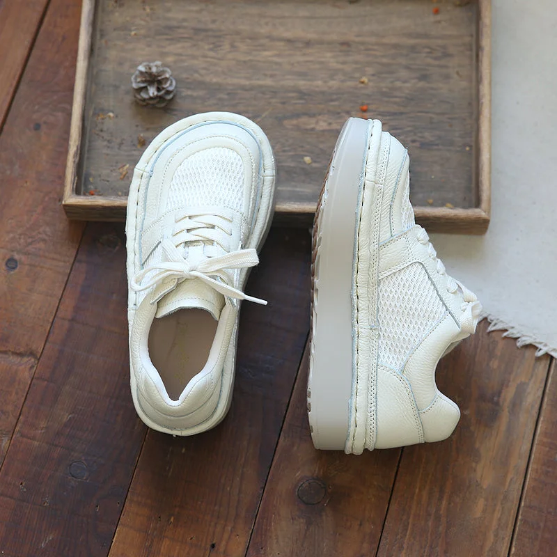 Elegant Tailoring Women Retro Casual Leather Mesh Patchwork Shoes