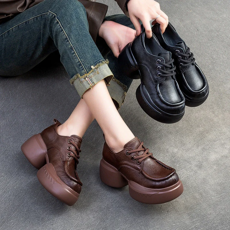Elegant Style Women Retro Soft Leather Platform Casual Shoes