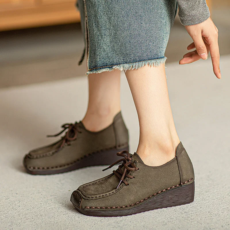 Sports fitness shoes Women Retro Leather Square Head Low Wedge Shoes