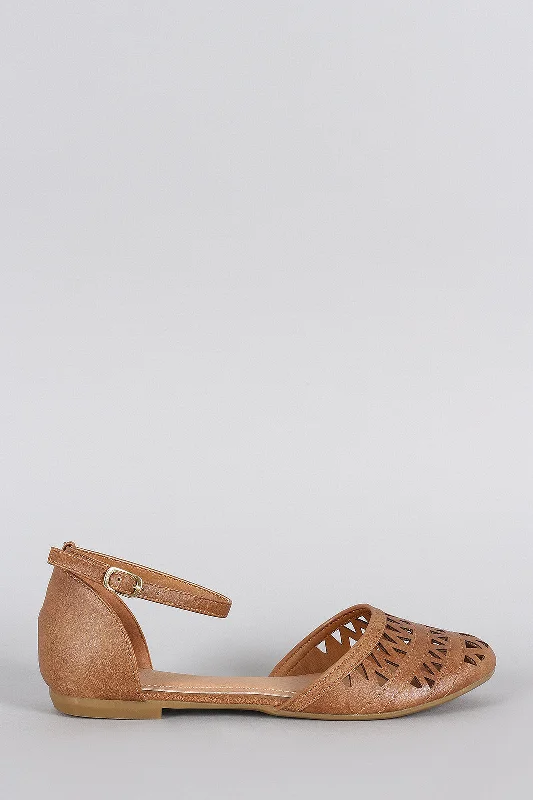 High-end Fabrics Bamboo Geometric Cutout Round Toe Ankle Strap Flat