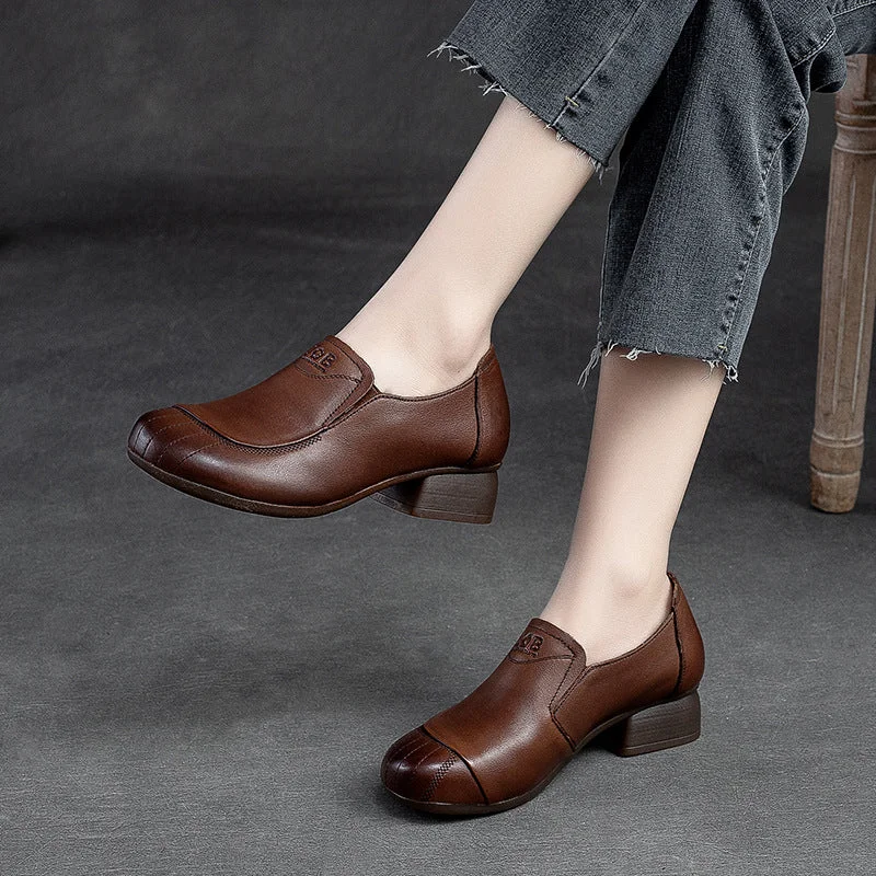 British casual Women Retro Leather Chunky Heel Casual Shoes