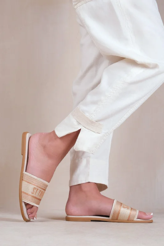 Sports Functional Style CANDOUR TEXTILE STRAP SLIP ON SANDALS IN CREAM FAUX LEATHER