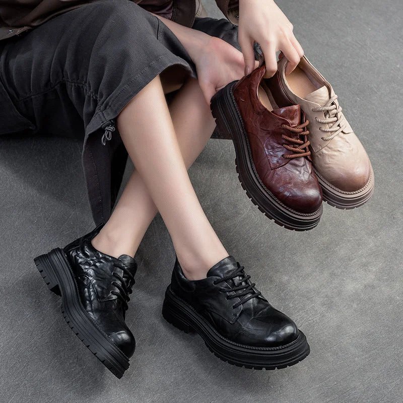 High-end atmosphere Women Retro Pleated Leather Thick Soled Casual Shoes
