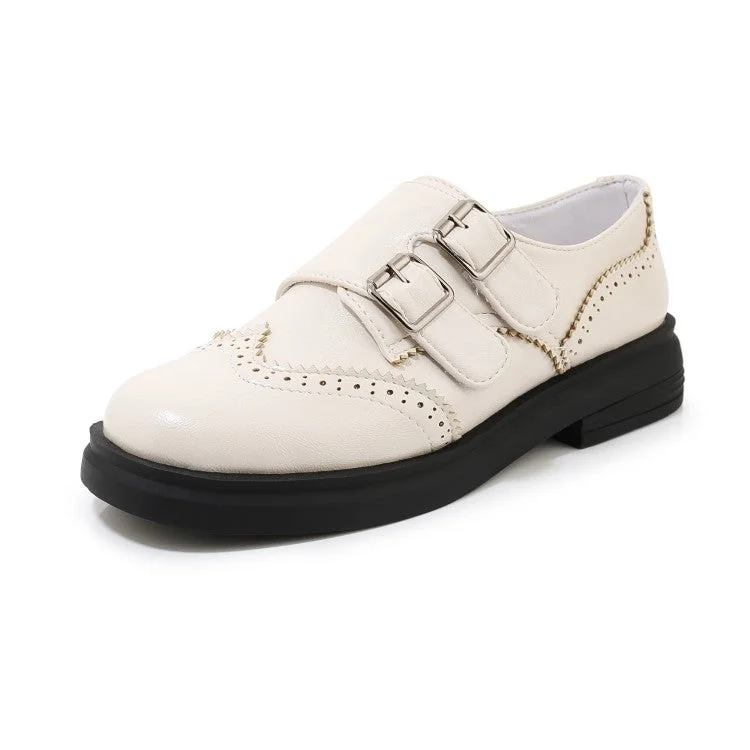 Sweet Girl Women's Solid Color Round Toe Stitching Double Buckle Slip on Oxford Flats Shoes