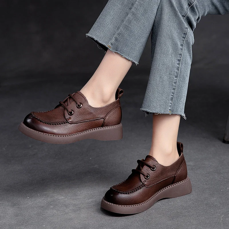 Loose Fit Women Retro Flat Leather Casual Shoes