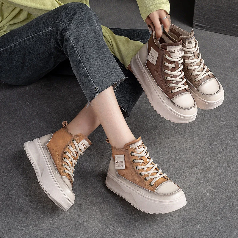 Warm and substantial Women Fashion Leather Thick Soled High Top Skate Shoes