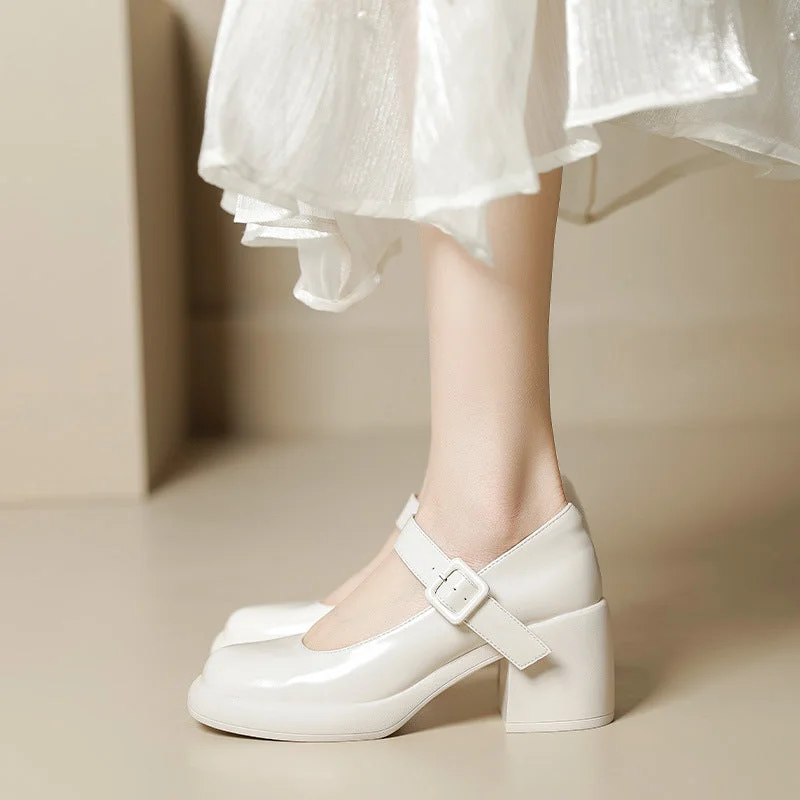 Elegant And Elegant Women Casual Leather Chunky Heel Mary Jane Shoes