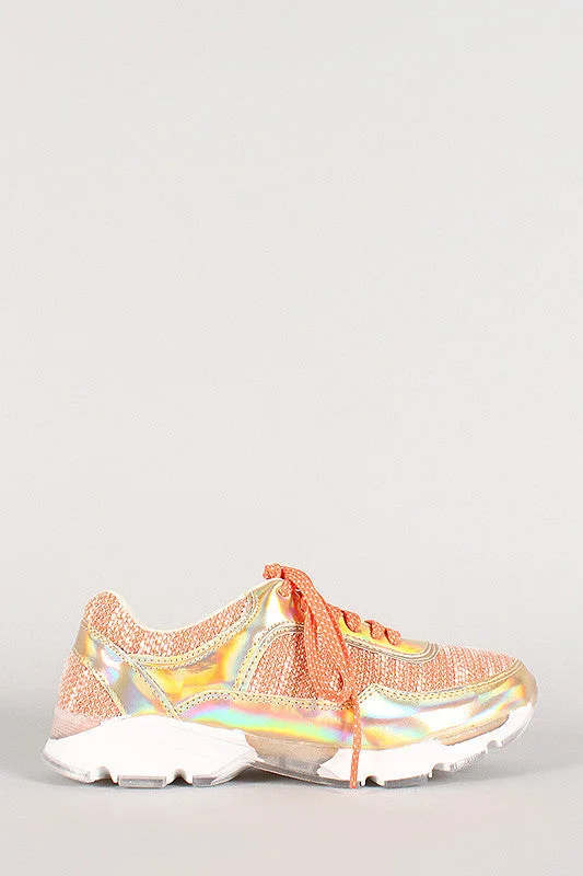 Designer Style Bamboo Hologram Tweed Lace Up Sneaker