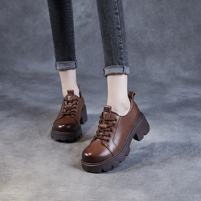 Printing decoration Women Retro Minimalist Leather Chunky Heel Casual Shoes