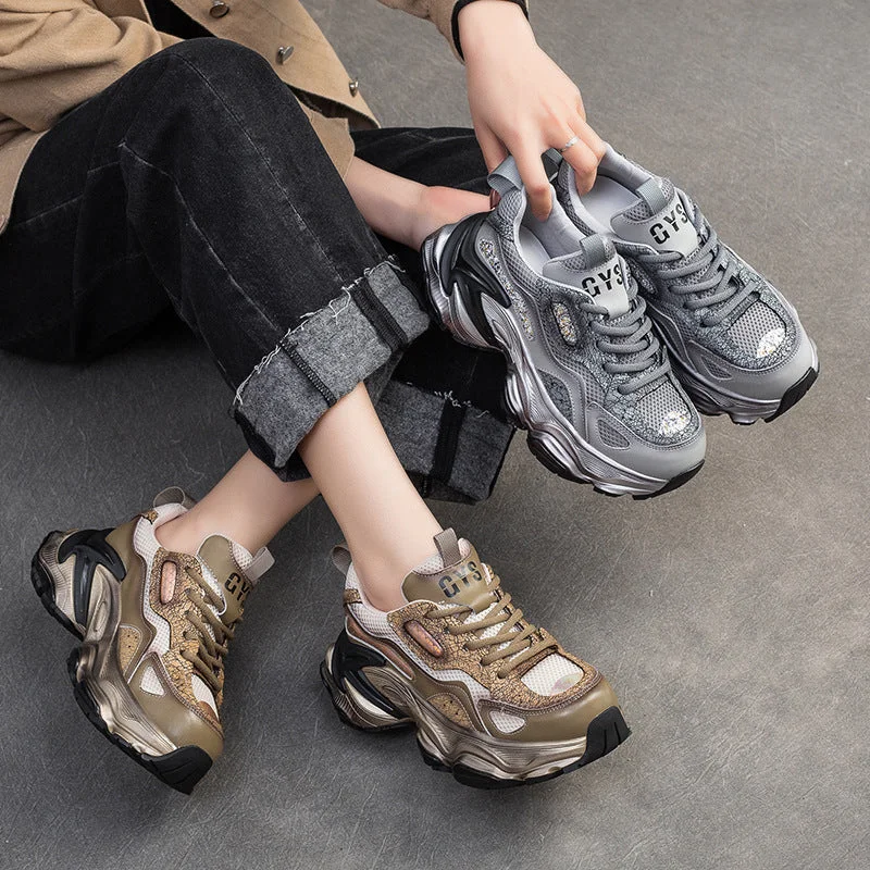 Knowledge And Elegance Women Retro Leather Casual Platform Dad Shoes