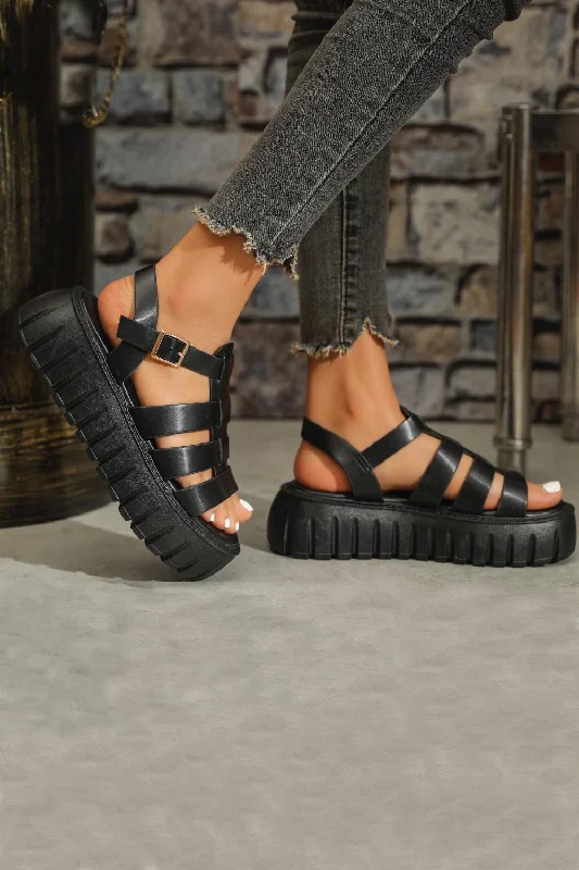 Classic Series BLACK CHUNKY PLATFORM CAGE LOOK STRAPPY SUMMER SANDAL
