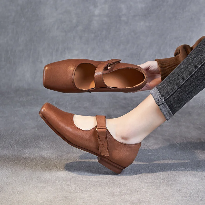 Printed pattern Women Retro Square Head Leather Casual Shoes
