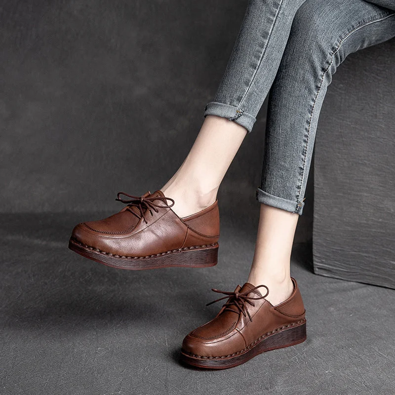 Fashionable and versatile Women Soft Leather Retro Solid Casual Shoes