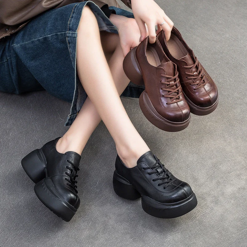 Street Fashion Women Minimalist Solid Leather Chunky Platform Casual Shoes