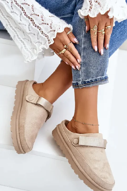 Sports High Waist Style BEIGE FAUX SUEDE STRAPPY CLOGS SLIP ON MULES SLIPPERS