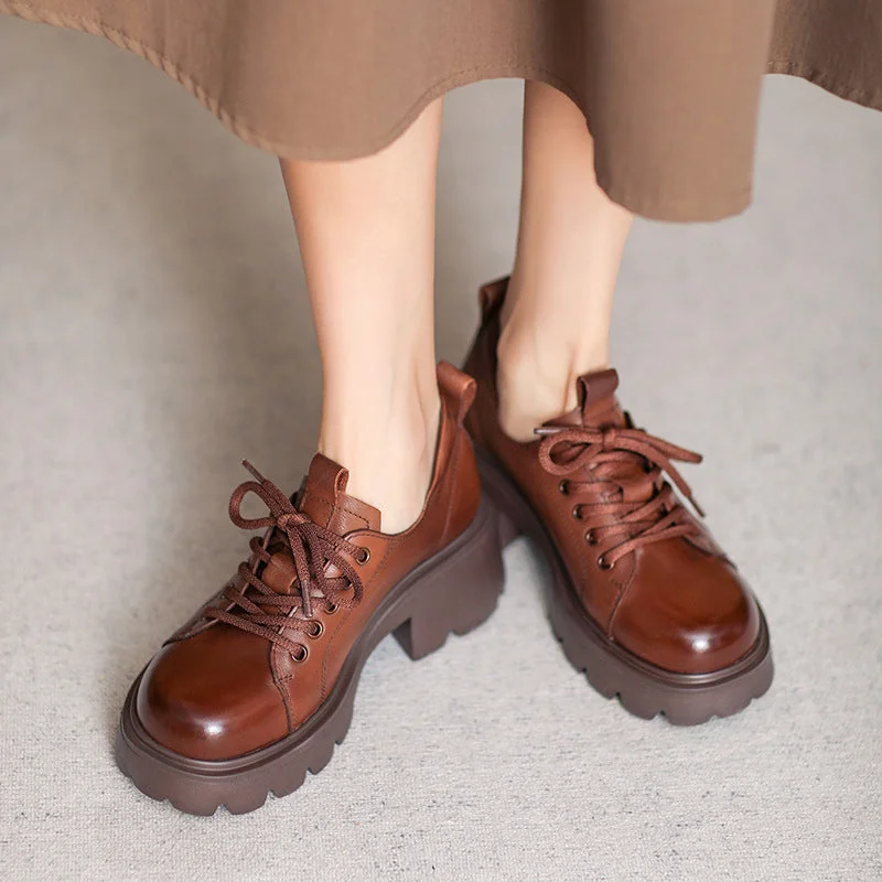High-waisted pants style Women Retro Leather Chunky Platform Casual Shoes