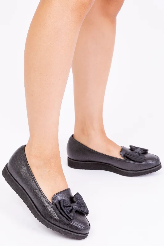 Simple research ALPHA FLAT BALLET SLIDER WITH BOW IN BLACK FAUX LEATHER