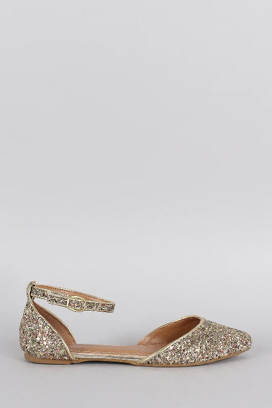 Romantic And Fresh Bamboo Glitter Encrusted Pointy Toe Ankle Strap Dorsay Flat