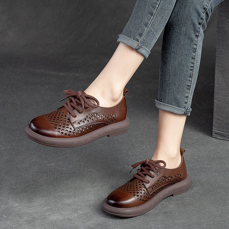 Denim Design Women Summer Retro Hollow Leather Flat Casual Shoes