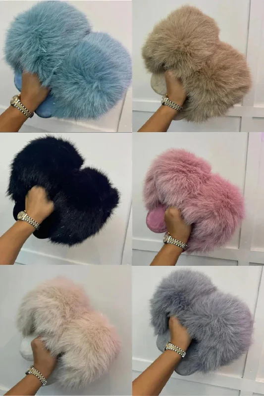 Mid-length Style GLITTER MIXED COLOUR EXTREME OVERSIZED FAUX FUR FLUFFY SLIPPERS (PACK OF 36 PAIRS)