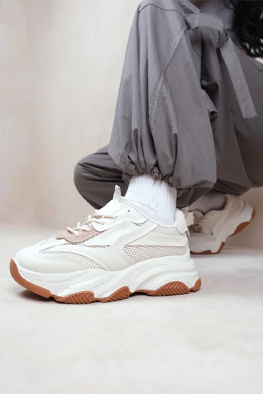 Sports Cool DOWNTOWN CHUNKY SOLE TRAINER IN CREAM FAUX LEATHER