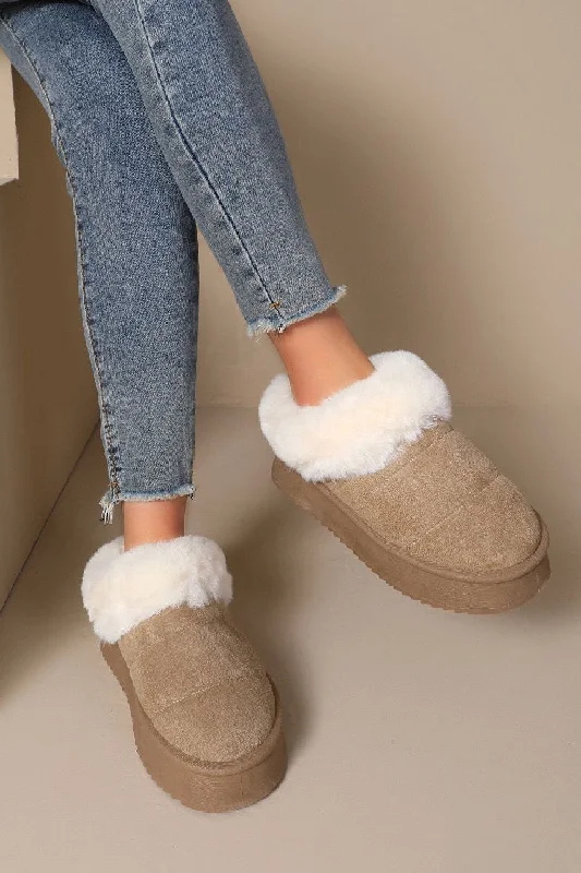 Leisure Travel KHAKI ULTRA MINI PLATFORM FAUX FUR LINED FLUFFY SLIPPERS