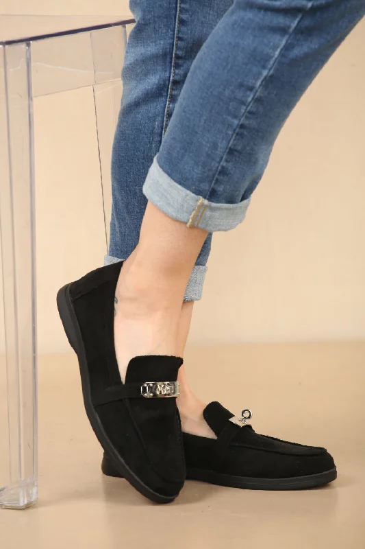 Advanced Customization BLACK SUEDE CASUAL METAL DETAIL LOAFERS