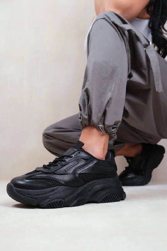 Cool Summer DOWNTOWN CHUNKY SOLE TRAINER IN BLACK FAUX LEATHER