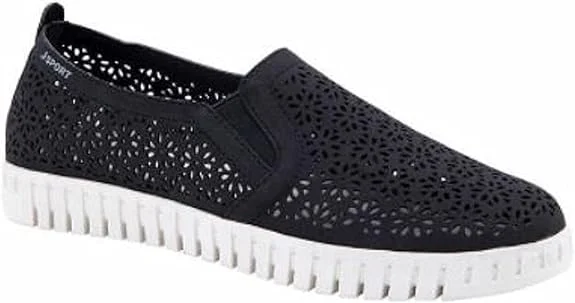 Affordable selection JSport Ladies' Laser Cut Floral Pattern Slip On Shoes Black
