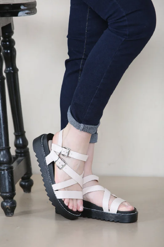 Fashionable And Versatile Cream PU Lizard Strappy Chunky Platform Sandals