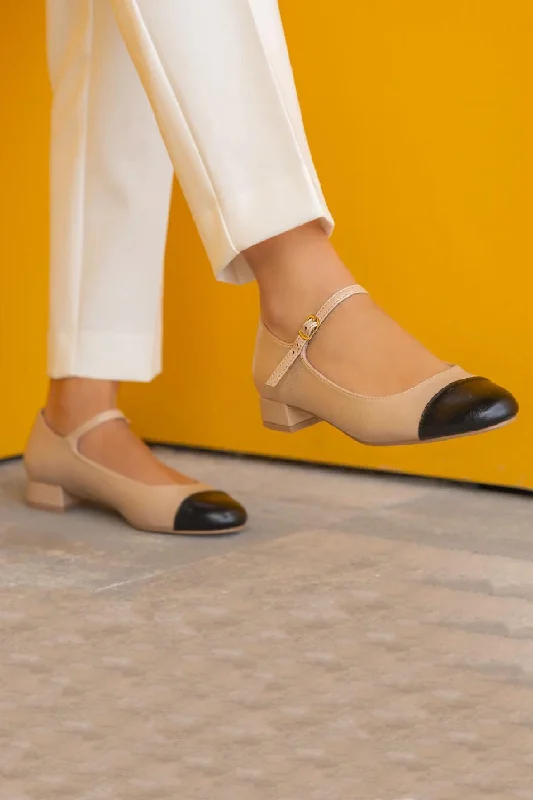 Design Perception BEIGE MARY JANE BLOCK HEEL PUMPS ROUND TOE CLASSIC TWO TONE SHOES