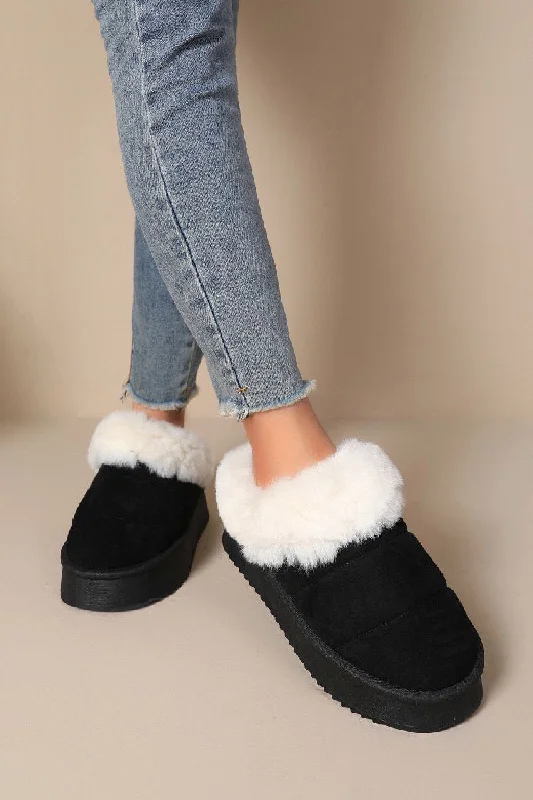 Classic Retro BLACK ULTRA MINI PLATFORM FAUX FUR LINED FLUFFY SLIPPERS