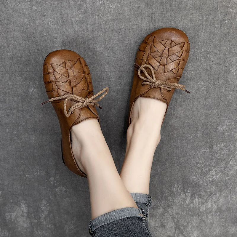 Fresh And Natural Women Retro Handmade Plaited Leather Flat Shoes
