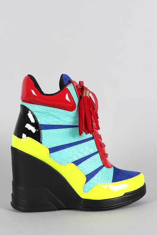 Sports And Leisure Privileged Colorblock Snake Tassel Lace Up High Top Wedge Sneaker