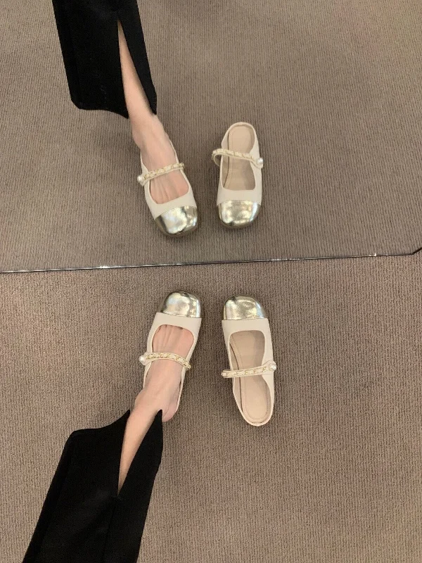 Fashionable And Versatile Cute Silver Vegan Leather Slip Ons Ballet Flats for Women, Plain Toe Leather Mary Jane Shoes, Women Retro Vintage Ballerina White Red Shoes