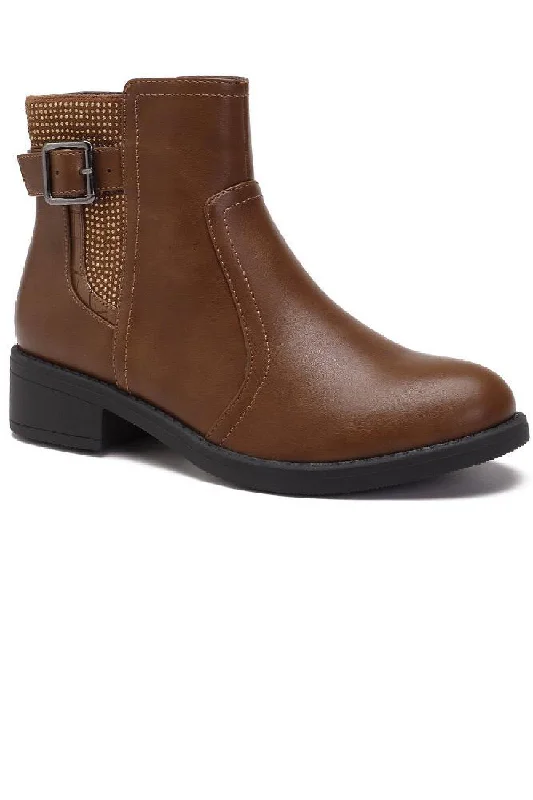 Round neck design CAMEL FLAT BUCKLE DIAMANTE DETAIL ELASTICATED CHELSEA ANKLE BOOTS