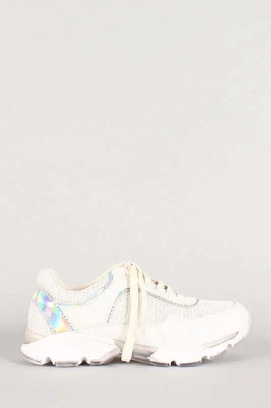 Simple Solid Color Bamboo Hologram Glitter Lace Up Sneaker