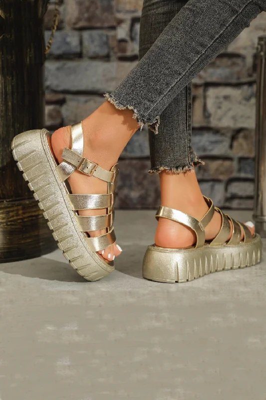 Denim Design GOLD CHUNKY PLATFORM CAGE LOOK STRAPPY SUMMER SANDAL