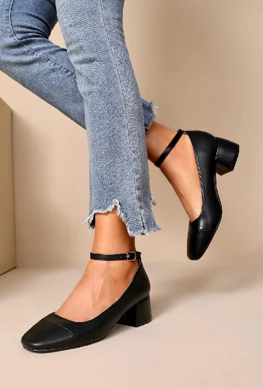 Moisture wicking BLACK FAUX LEATHER CLOSED TOE MARRY JANE BLOCK HEELS